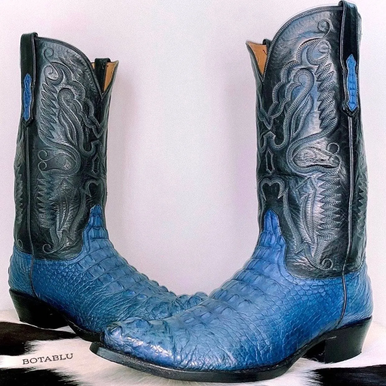 AMMONS Vintage Handmade Custom Crocodile Alligator Phoenix Eagle Blue Black Cowboy Western Boots