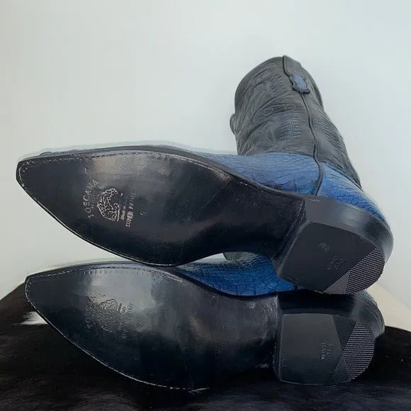 AMMONS Vintage Handmade Custom Crocodile Alligator Phoenix Eagle Blue Black Cowboy Western Boots