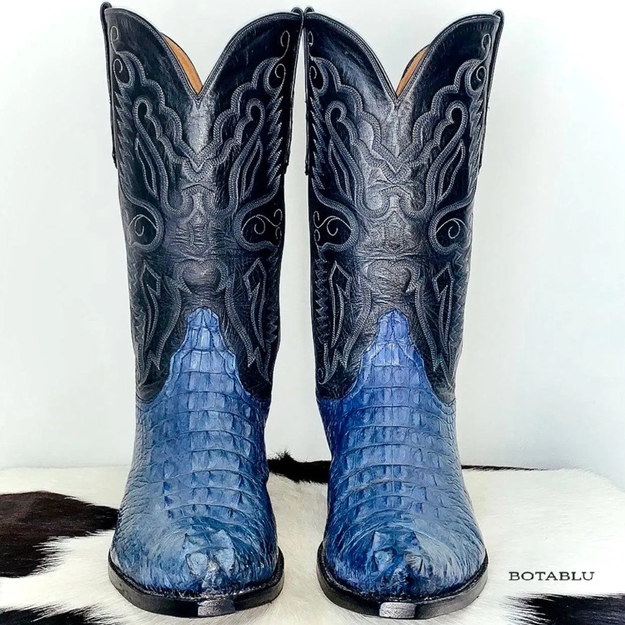 AMMONS Vintage Handmade Custom Crocodile Alligator Phoenix Eagle Blue Black Cowboy Western Boots