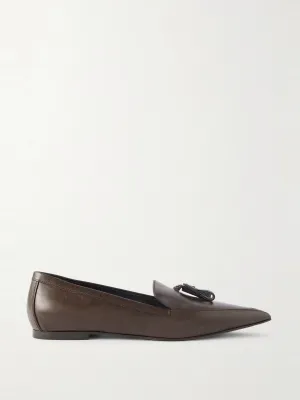 Bead-embellished tassled leather loafers
