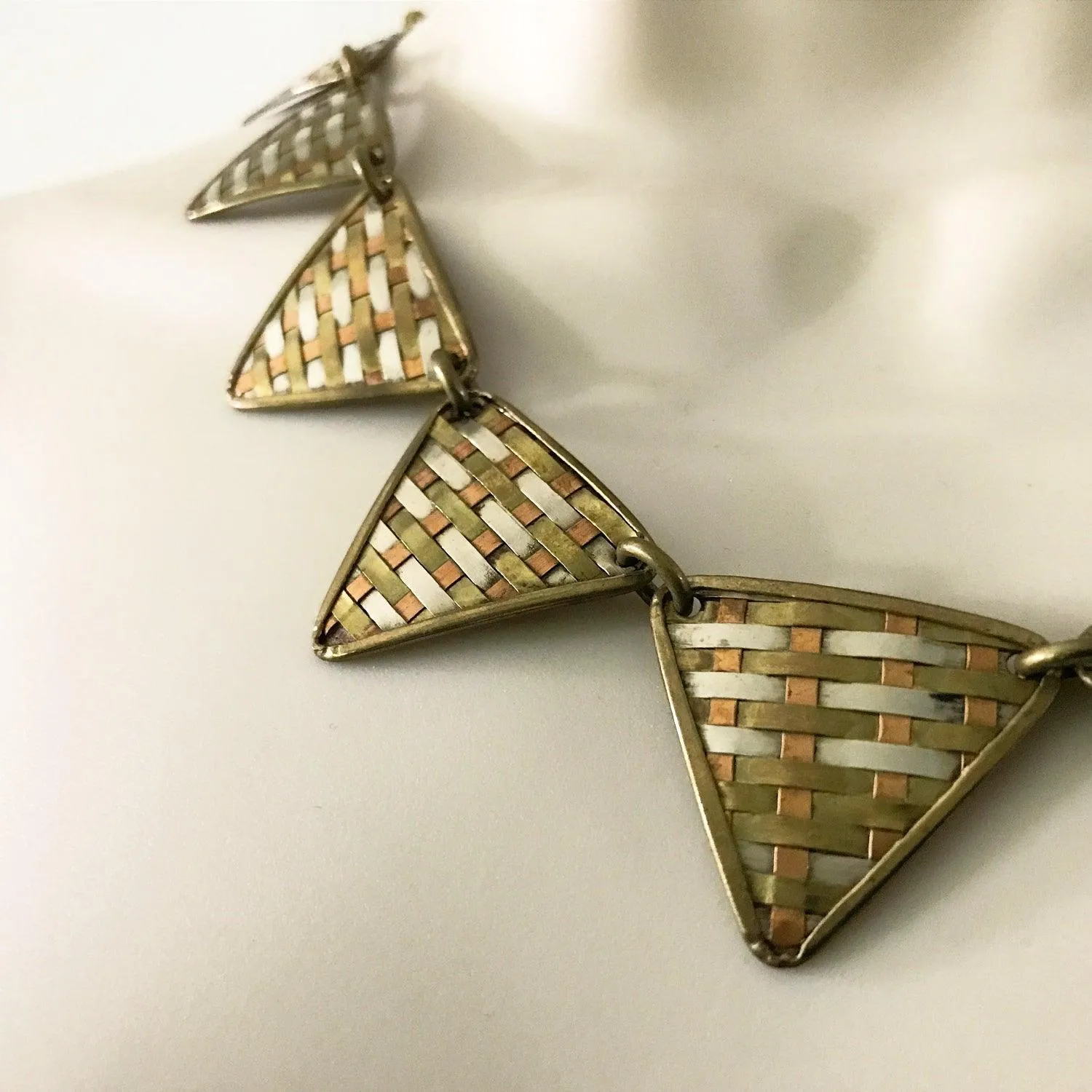 Dramatic Tri-Tone Indian Geometric Metal Necklace
