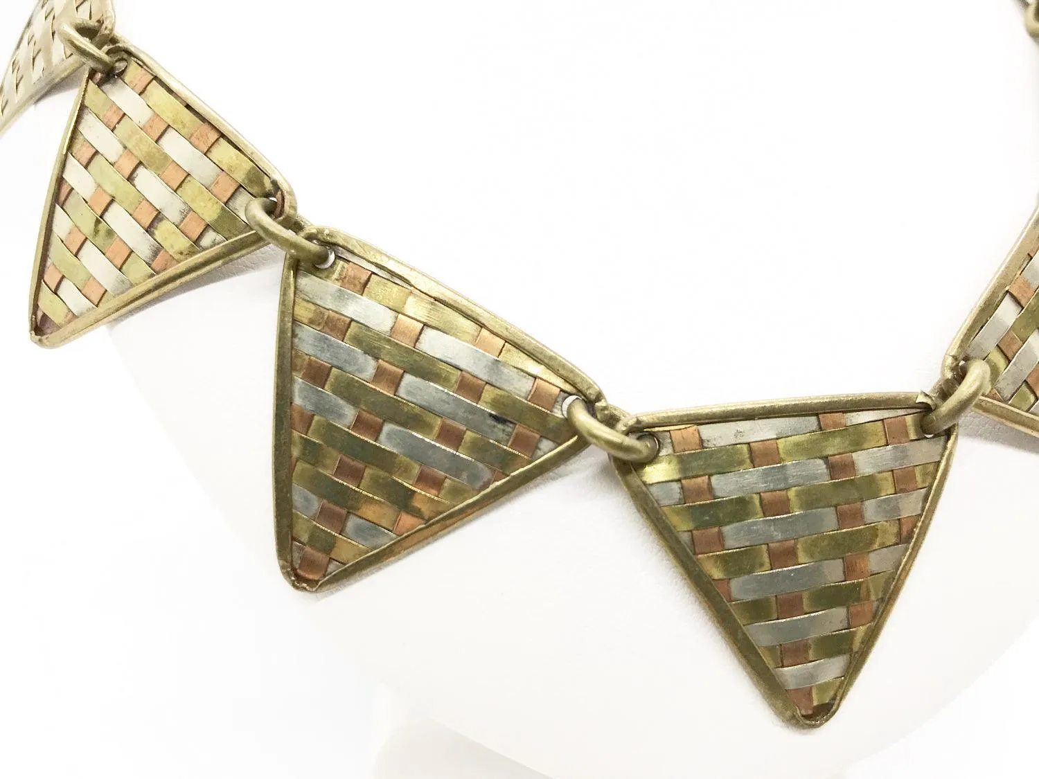 Dramatic Tri-Tone Indian Geometric Metal Necklace