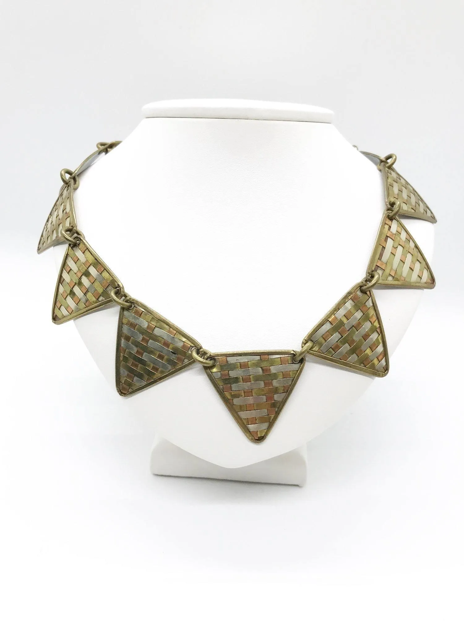 Dramatic Tri-Tone Indian Geometric Metal Necklace