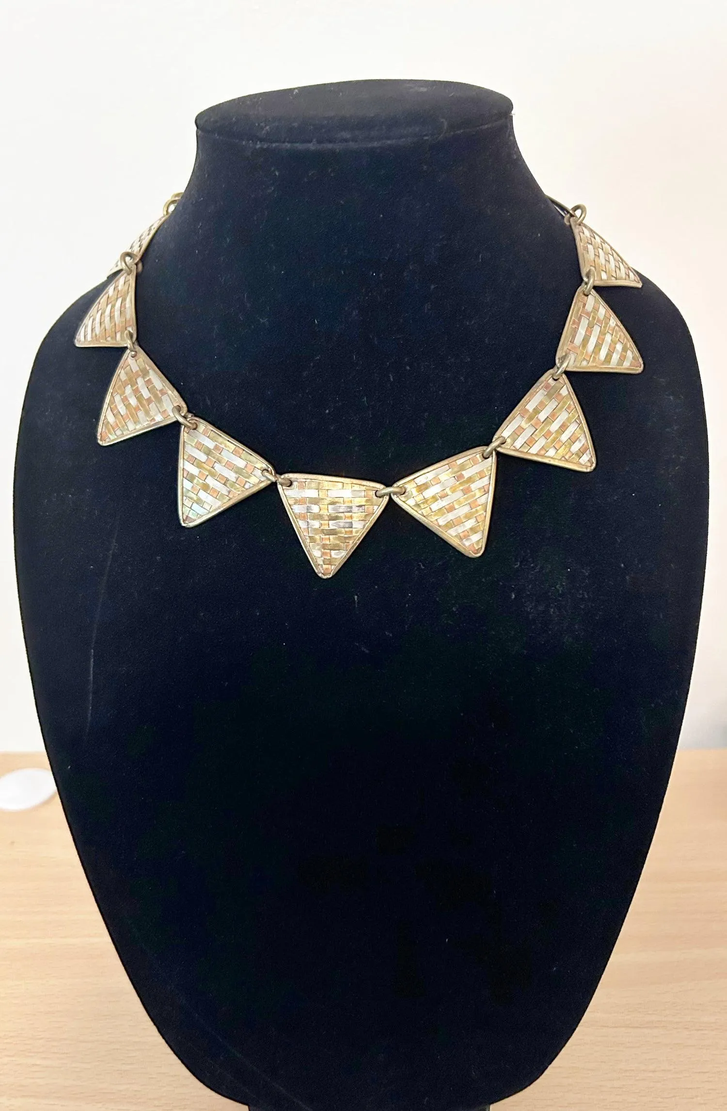 Dramatic Tri-Tone Indian Geometric Metal Necklace