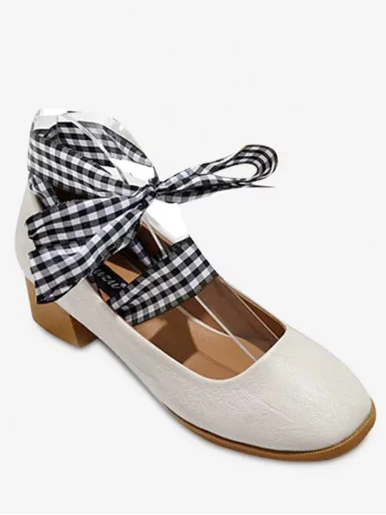 Fashion Square Toe Block Heel Tie Up Pumps