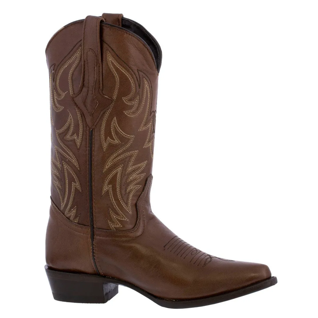 Mens Brown Cowboy Boots Western Wear Smooth Leather Snip Toe