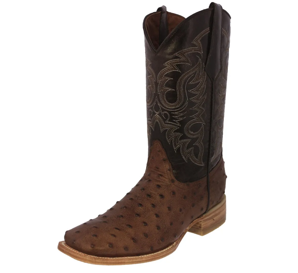 Mens Brown Ostrich Quill Print Leather Cowboy Boots Square Toe