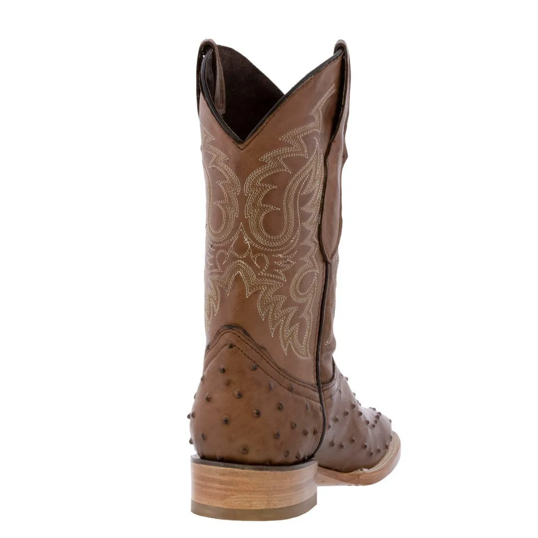 Mens Brown Ostrich Quill Print Leather Cowboy Boots Square Toe