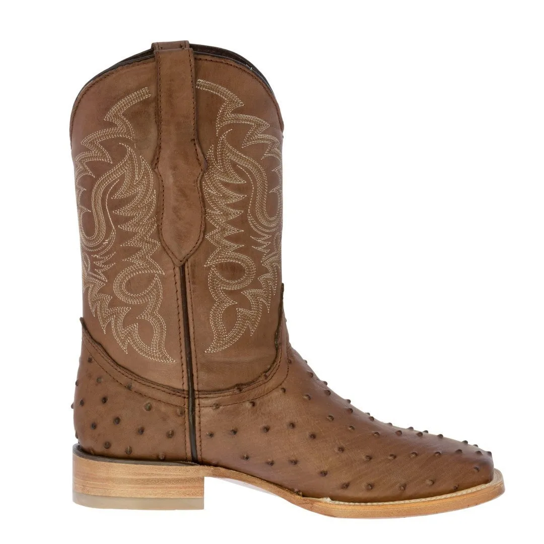 Mens Brown Ostrich Quill Print Leather Cowboy Boots Square Toe
