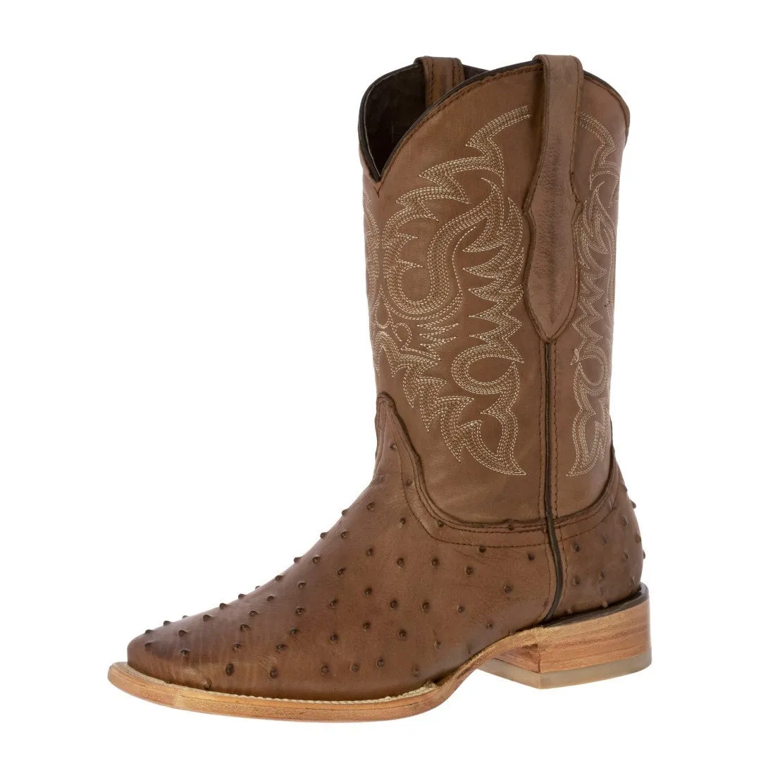 Mens Brown Ostrich Quill Print Leather Cowboy Boots Square Toe