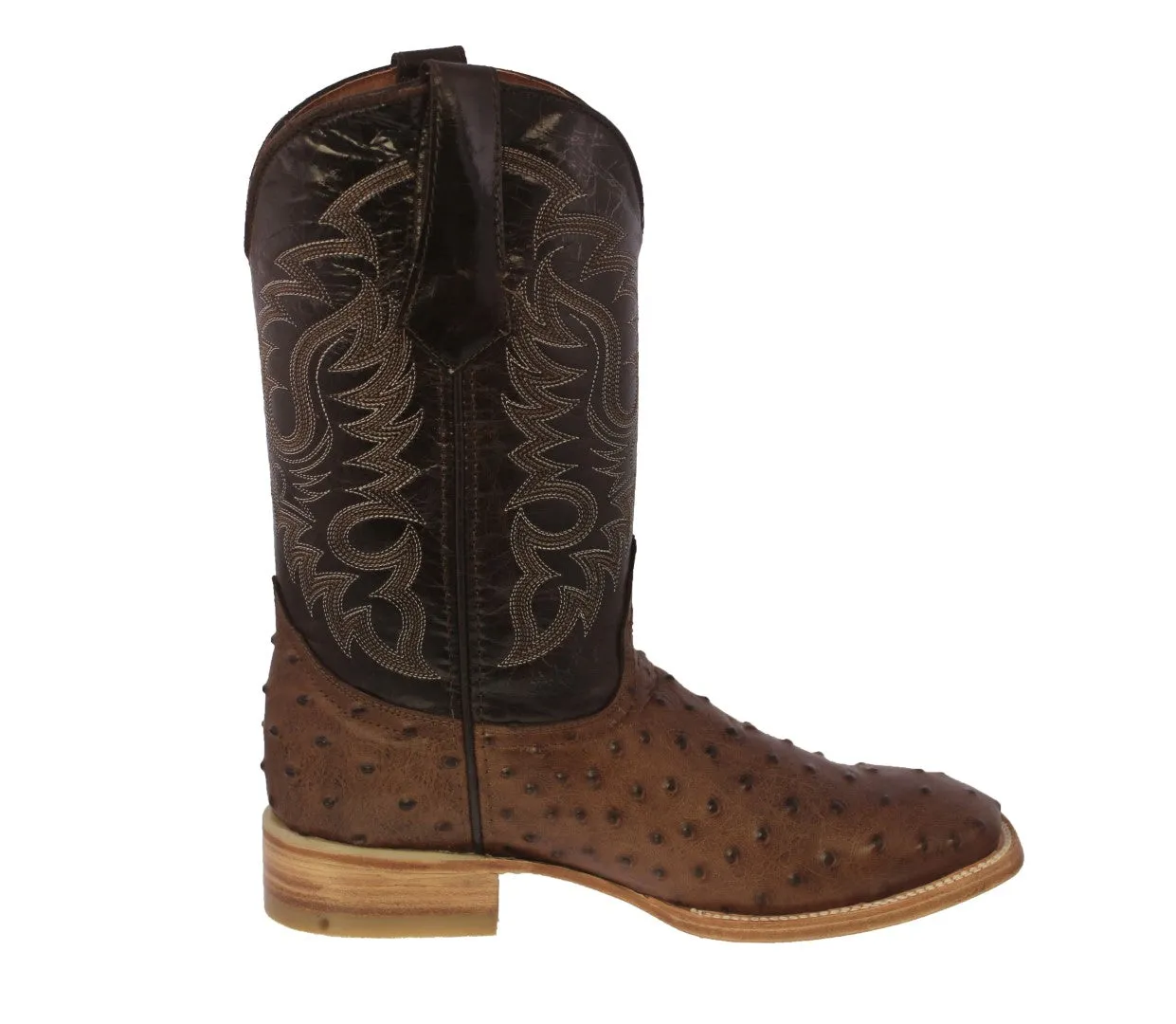 Mens Brown Ostrich Quill Print Leather Cowboy Boots Square Toe