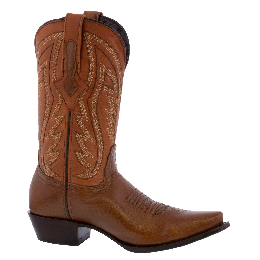 Mens Cognac Cowboy Boots Western Wear Solid Leather - Snip Toe