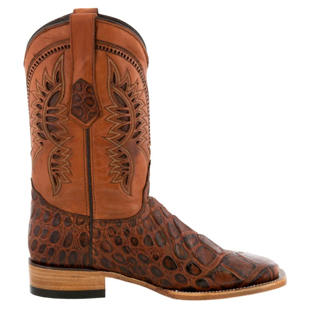 Mens Cognac Western Wear Leather Cowboy Boots Elephant Print Square Toe