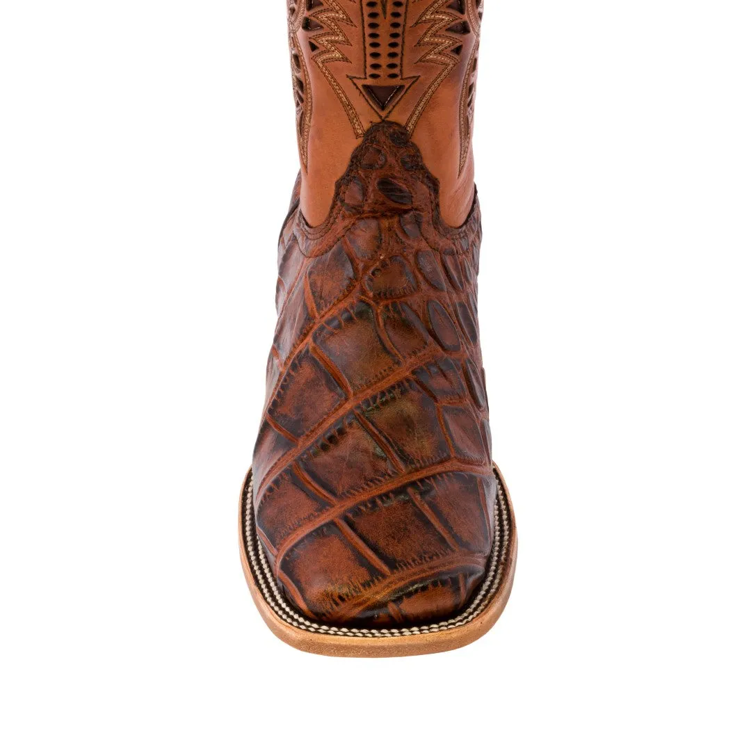 Mens Cognac Western Wear Leather Cowboy Boots Elephant Print Square Toe