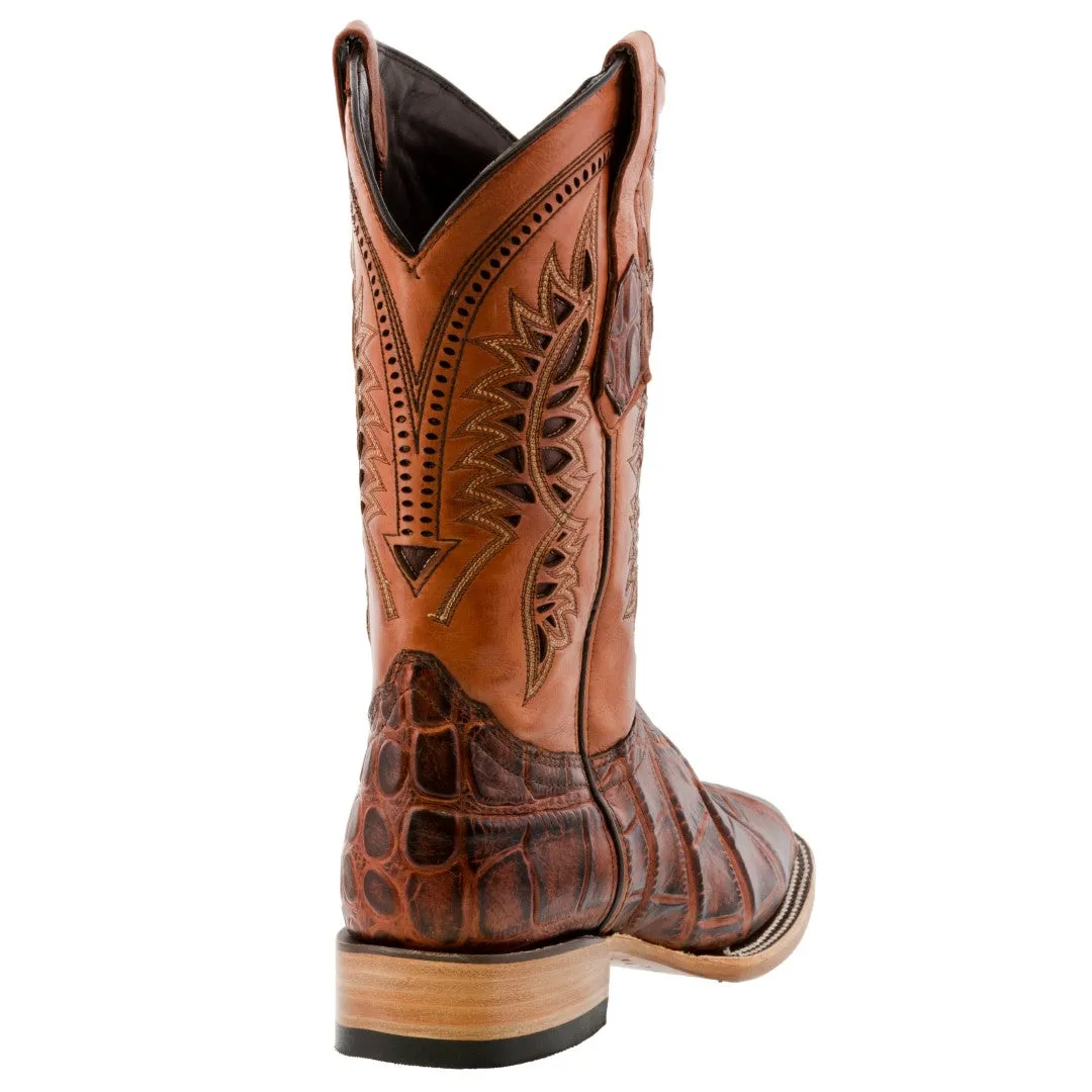 Mens Cognac Western Wear Leather Cowboy Boots Elephant Print Square Toe