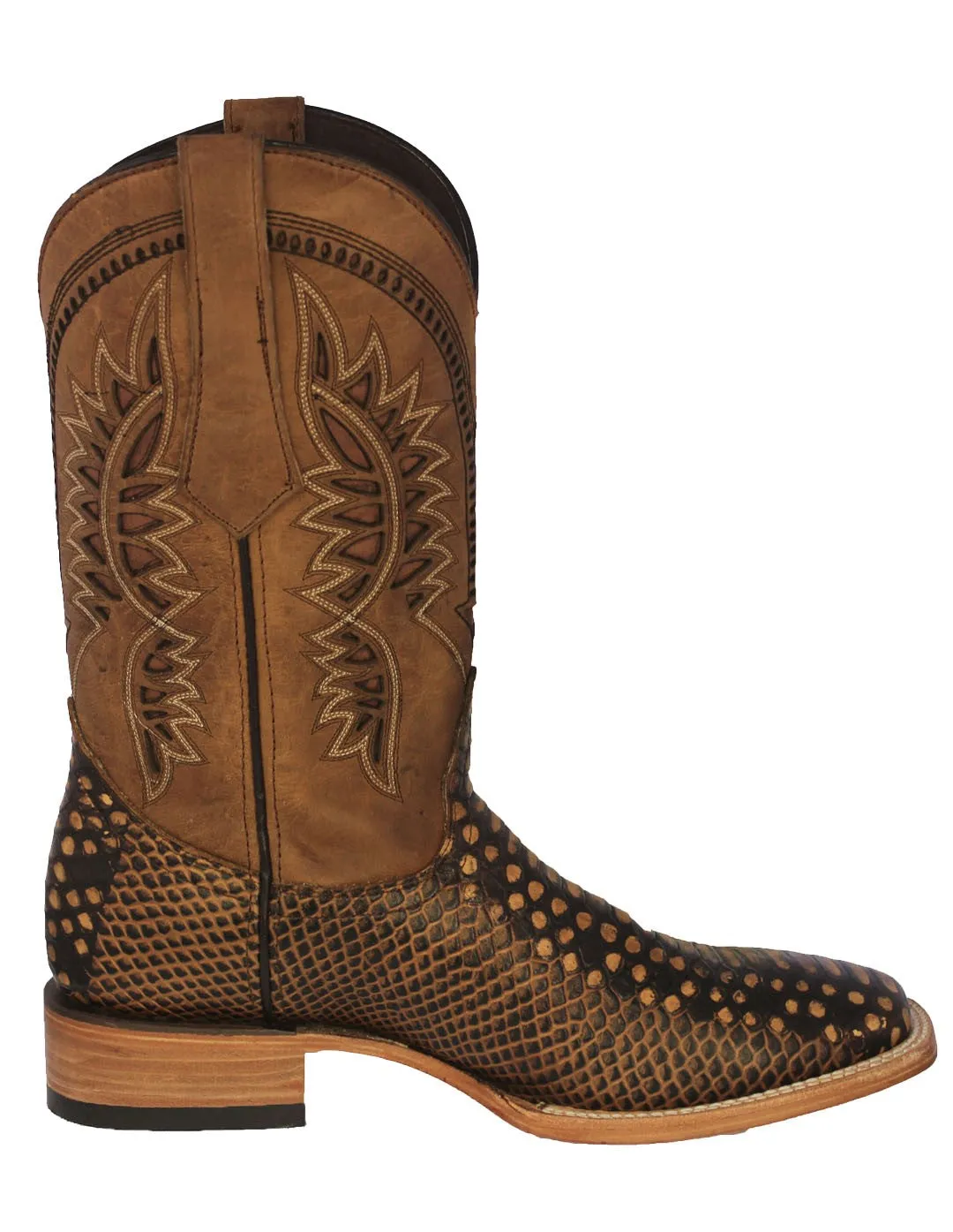 Mens Honey Brown Snake Print Leather Cowboy Boots - Square Toe