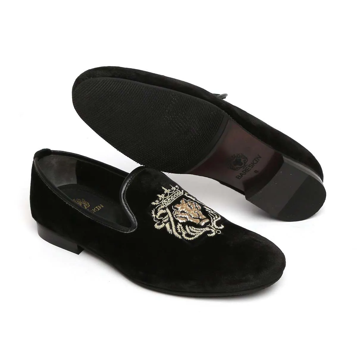 Mild Gold Lion Zardosi Slip-On with Black Velvet by BRUNE & BARESKIN