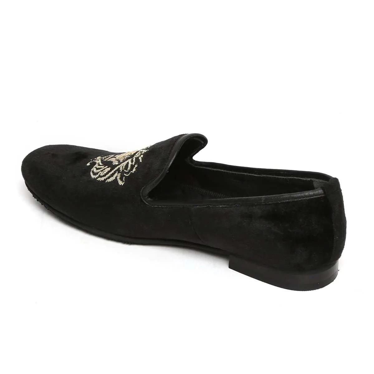 Mild Gold Lion Zardosi Slip-On with Black Velvet by BRUNE & BARESKIN