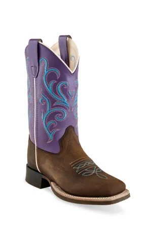Old West Brown/Purple Childrens Girls Leather Cowboy Boots 13.5D
