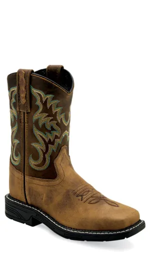 Old West Children Unisex Square Toe Burnt Tan/Rugby Mustard Leather Cowboy Boots 13.5 D