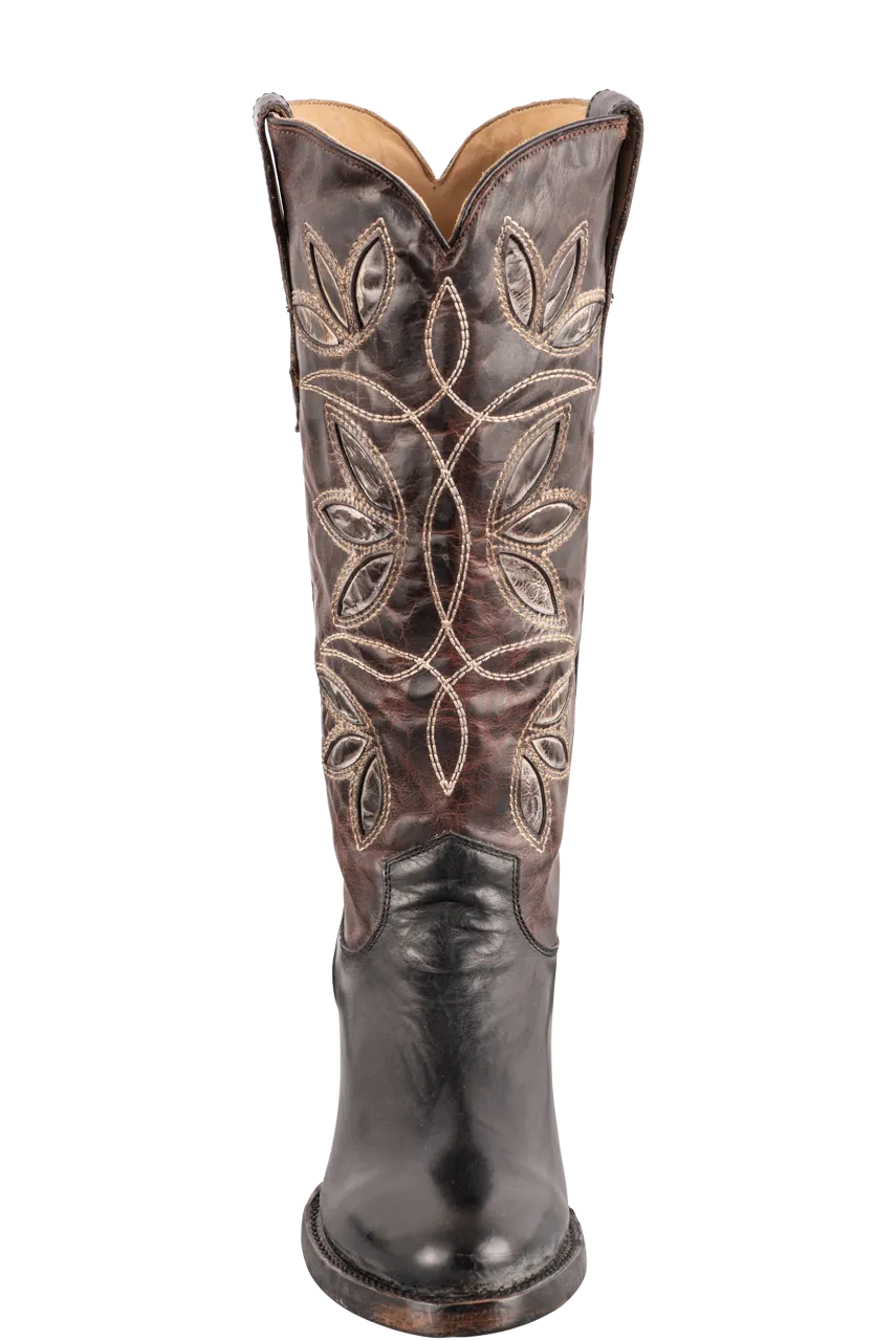 Stetson Women's Leather Vintage Floral Underlay Cowgirl Boots