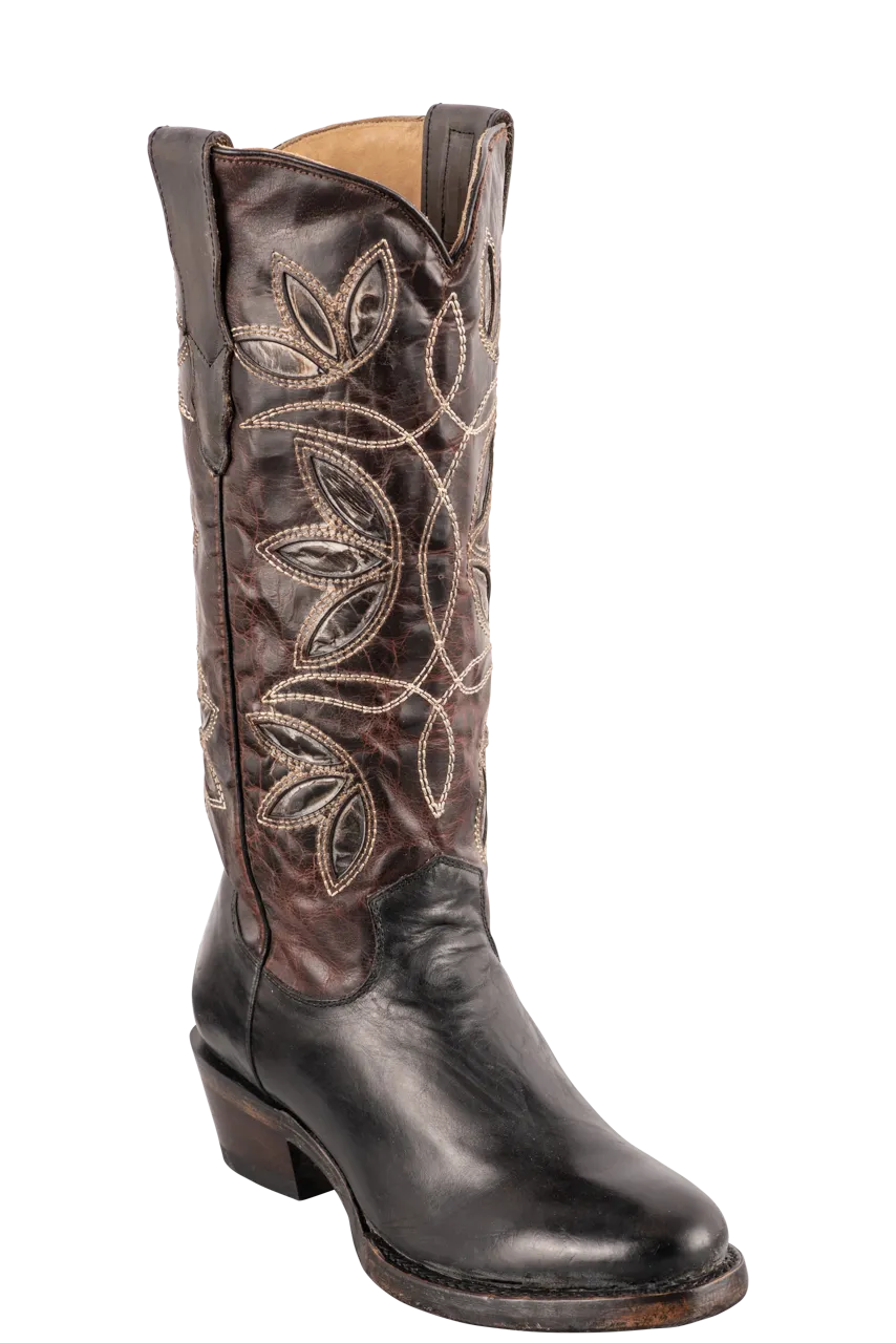 Stetson Women's Leather Vintage Floral Underlay Cowgirl Boots