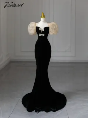 TAVIMART -  Sweetheart Bow Evening Dresses Elegant Puff Sleeves Mermaid Black Velvet Fishtail Noble Wedding Formal Party Prom Gowns Formal