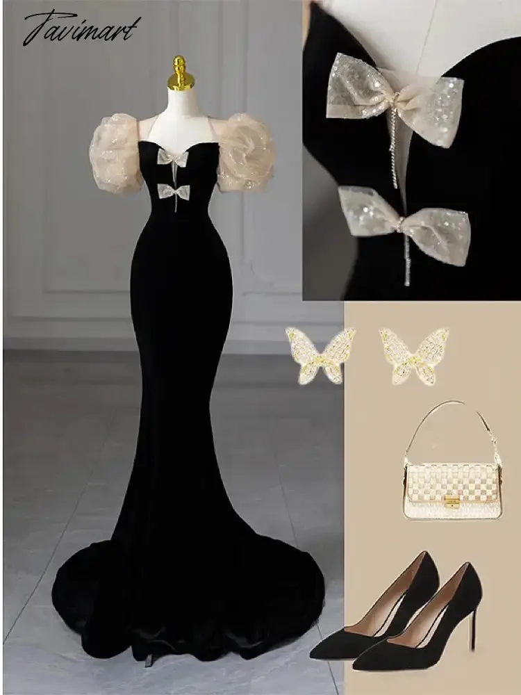 TAVIMART -  Sweetheart Bow Evening Dresses Elegant Puff Sleeves Mermaid Black Velvet Fishtail Noble Wedding Formal Party Prom Gowns Formal