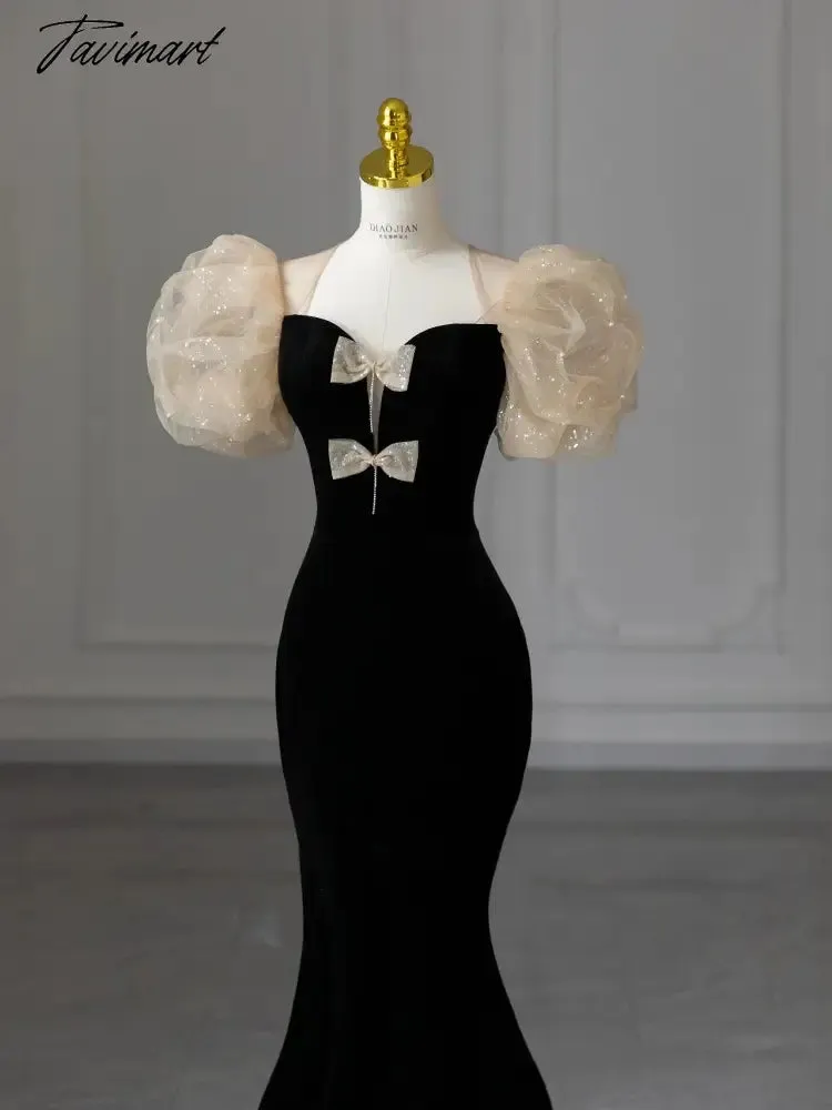 TAVIMART -  Sweetheart Bow Evening Dresses Elegant Puff Sleeves Mermaid Black Velvet Fishtail Noble Wedding Formal Party Prom Gowns Formal