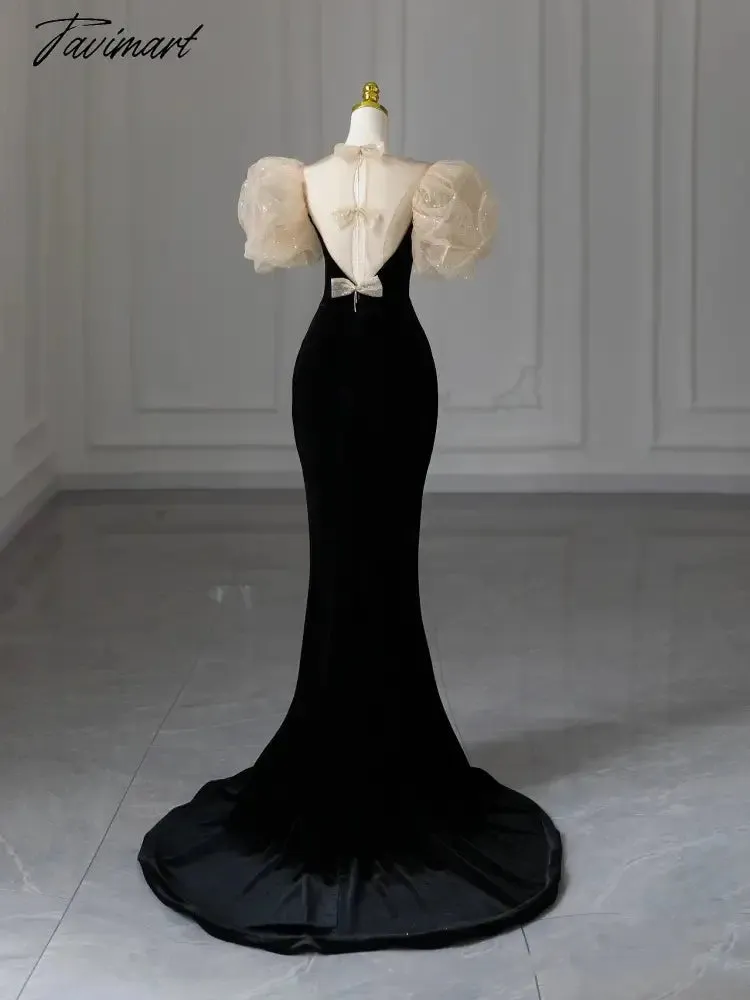 TAVIMART -  Sweetheart Bow Evening Dresses Elegant Puff Sleeves Mermaid Black Velvet Fishtail Noble Wedding Formal Party Prom Gowns Formal