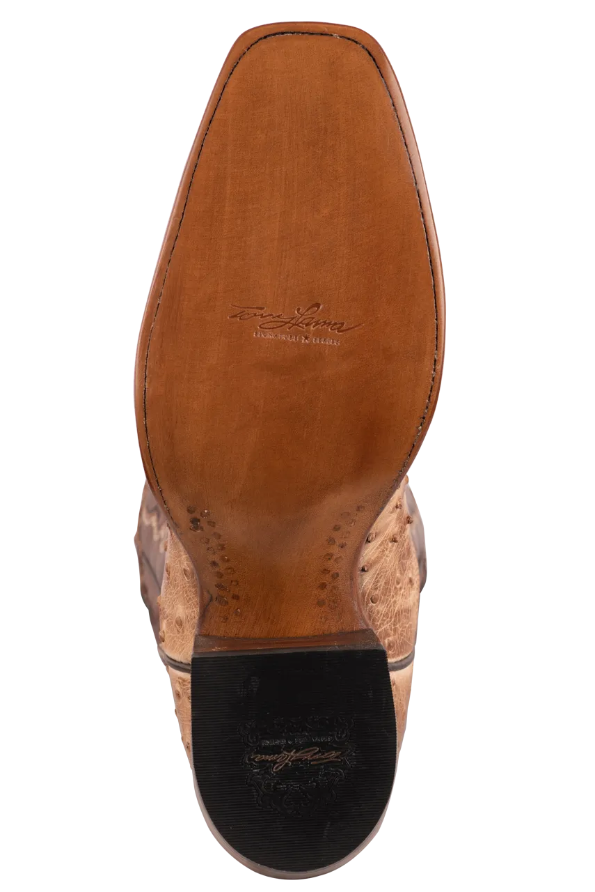 Tony Lama Men's Full-Quill Ostrich Signature Series Antique Vintage Cowboy Boots - Tan