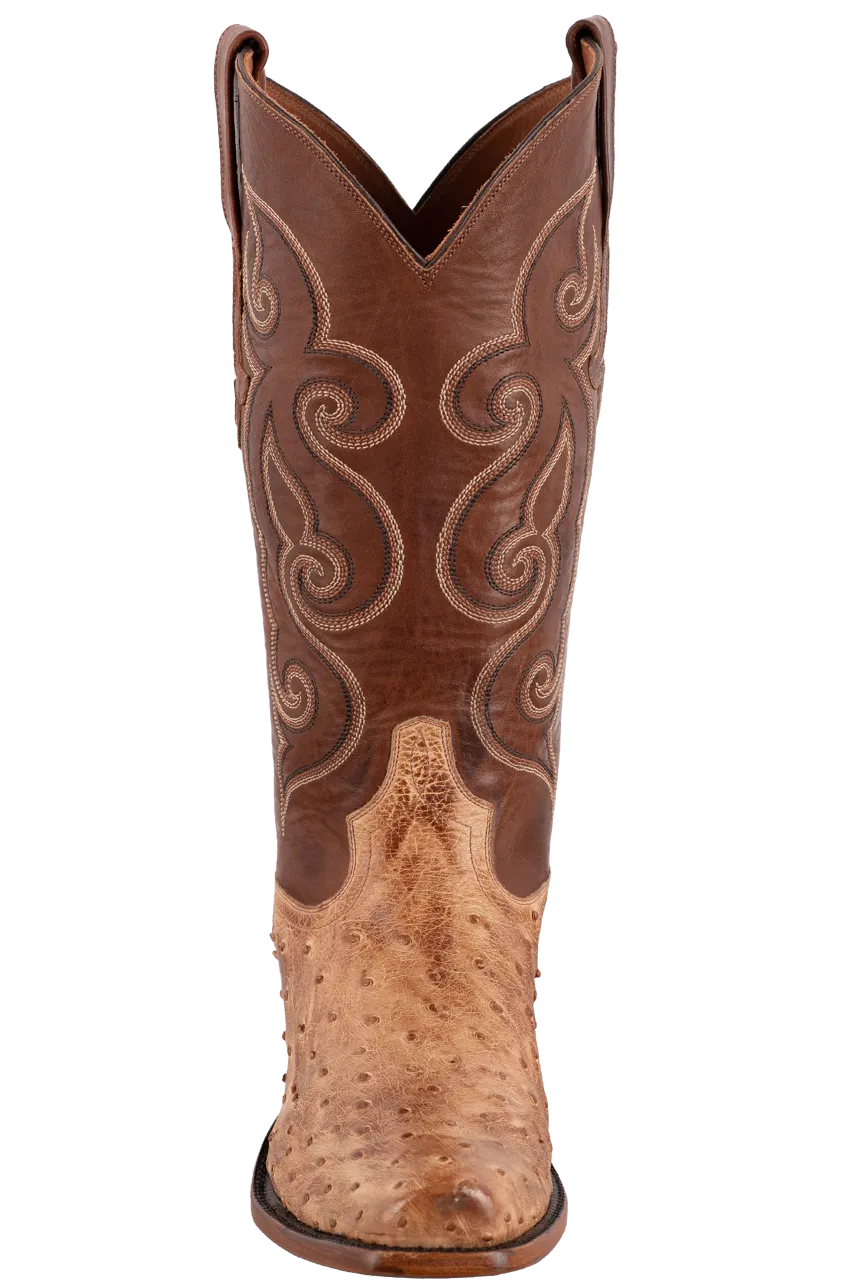 Tony Lama Men's Full-Quill Ostrich Signature Series Antique Vintage Cowboy Boots - Tan