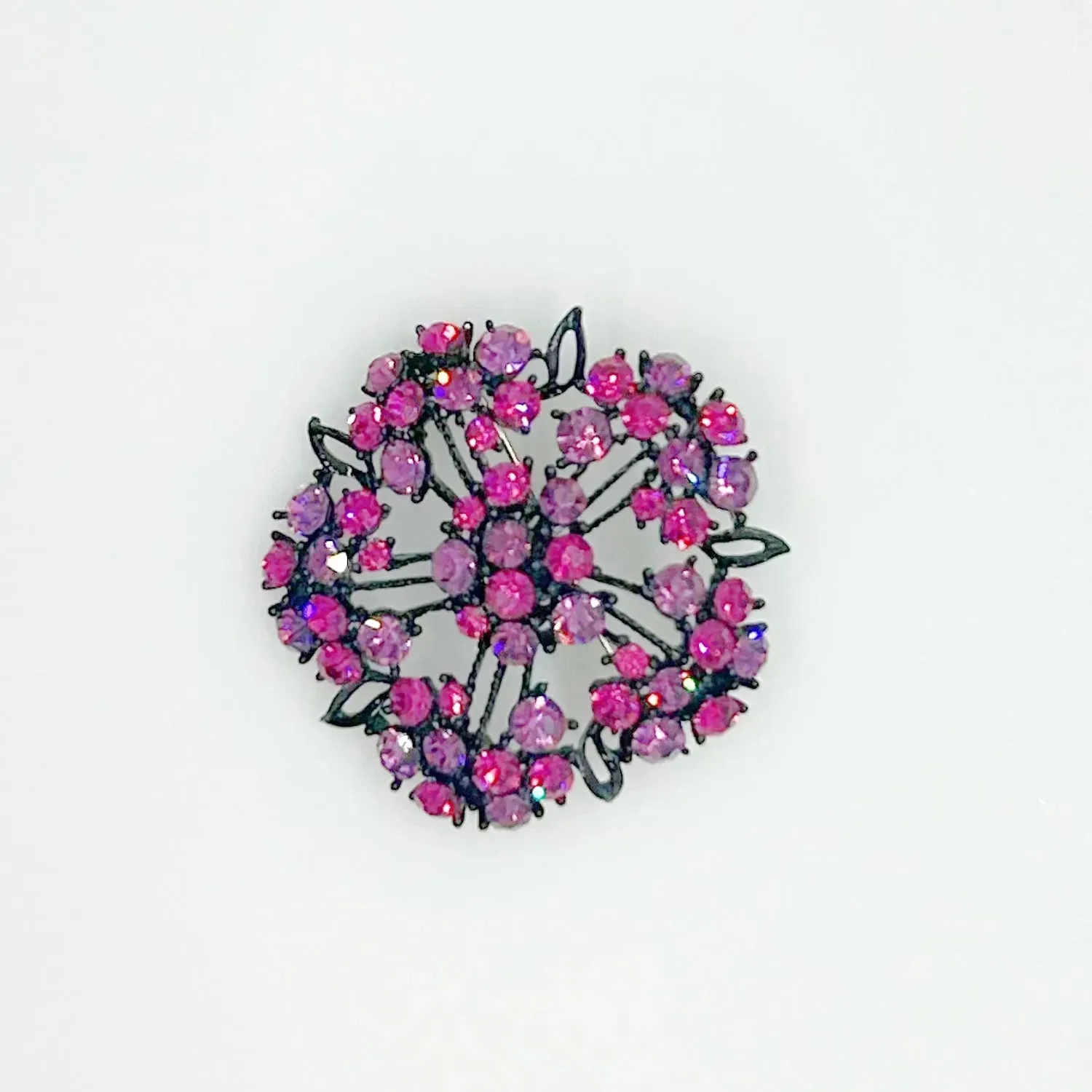 Vintage Blackened Lacy Metal Brooch with Sparkling Magenta Stones