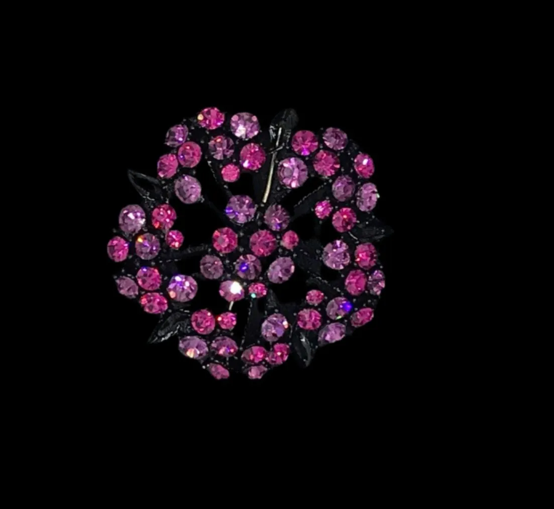 Vintage Blackened Lacy Metal Brooch with Sparkling Magenta Stones