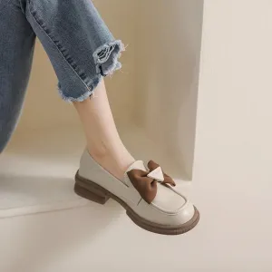 W105-8 Low Heel Leather Loafers with Bow – Women's Casual Shoes