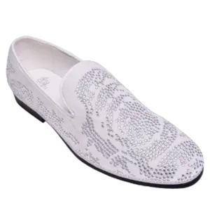 White and Sliver Men's Slip-On Loafer Glitter Design Dress Shoes