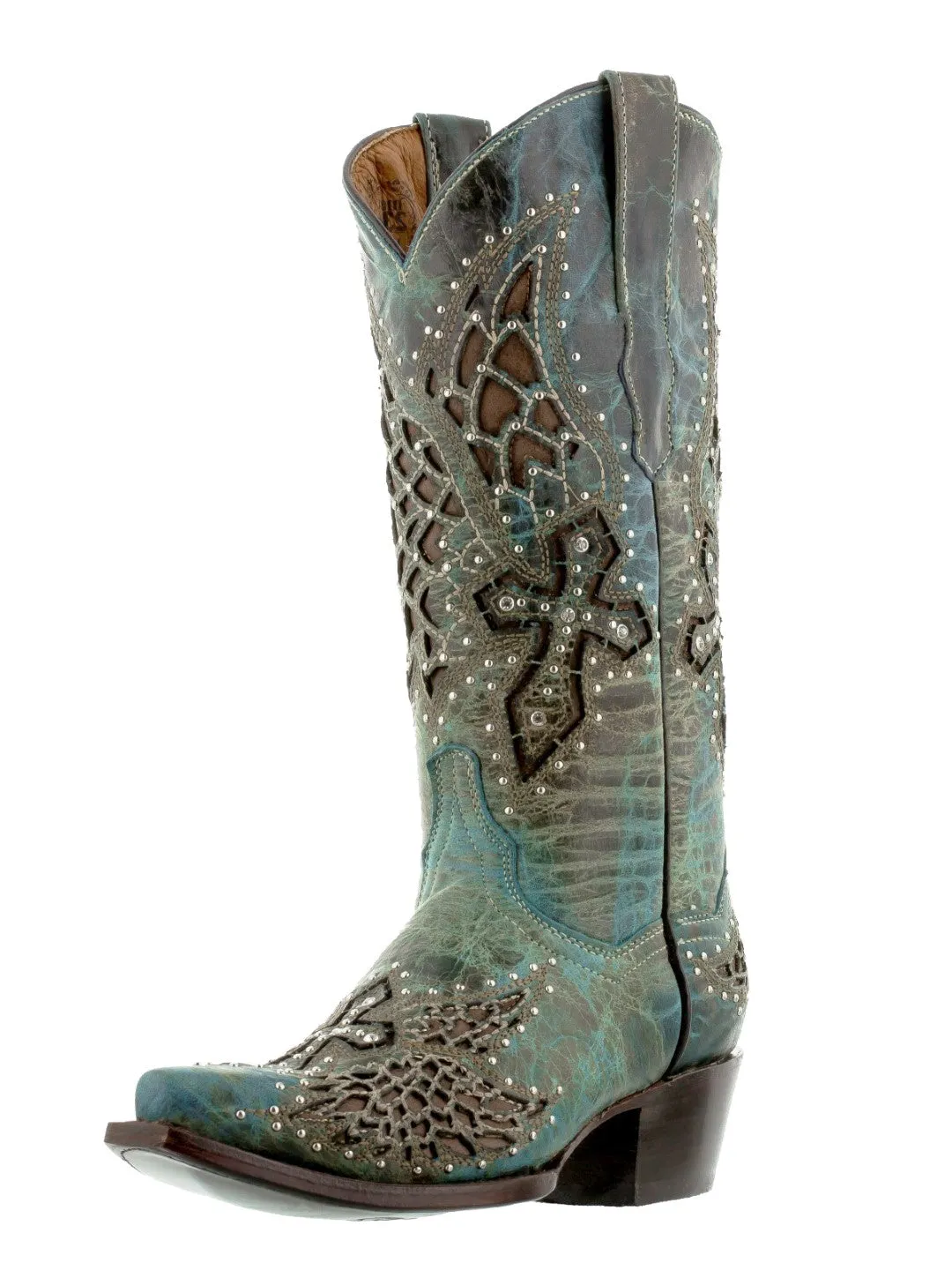 Womens Alas46 Turquoise Cross & Wings Western Cowboy Boots - Snip Toe
