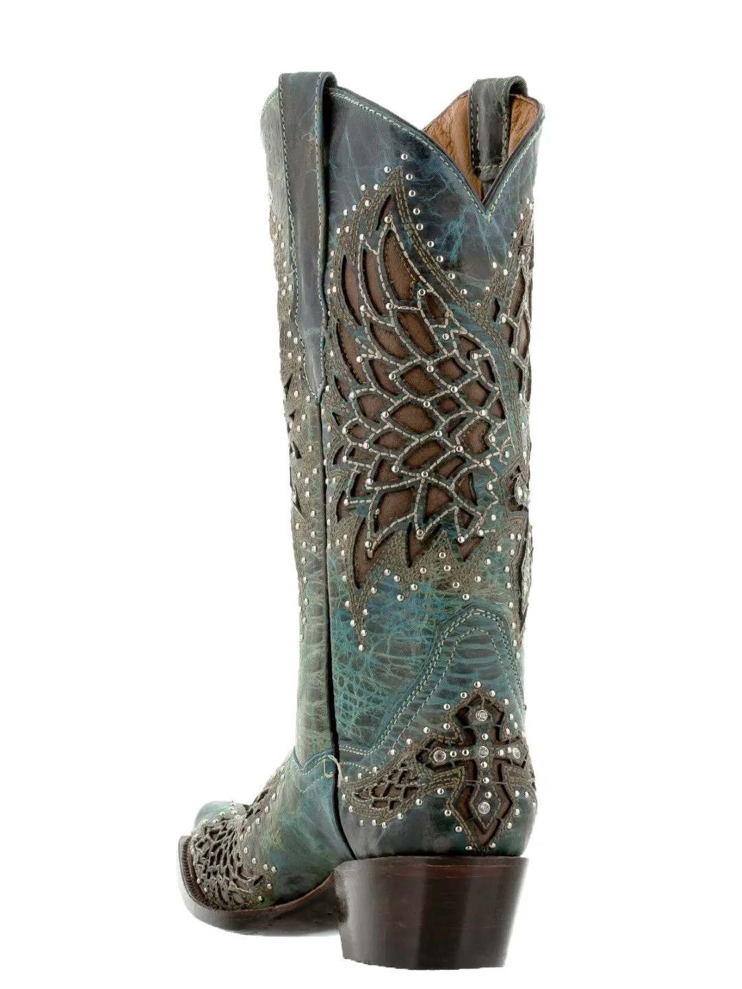 Womens Alas46 Turquoise Cross & Wings Western Cowboy Boots - Snip Toe