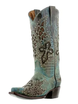 Womens Alas46 Turquoise Cross & Wings Western Cowboy Boots - Snip Toe