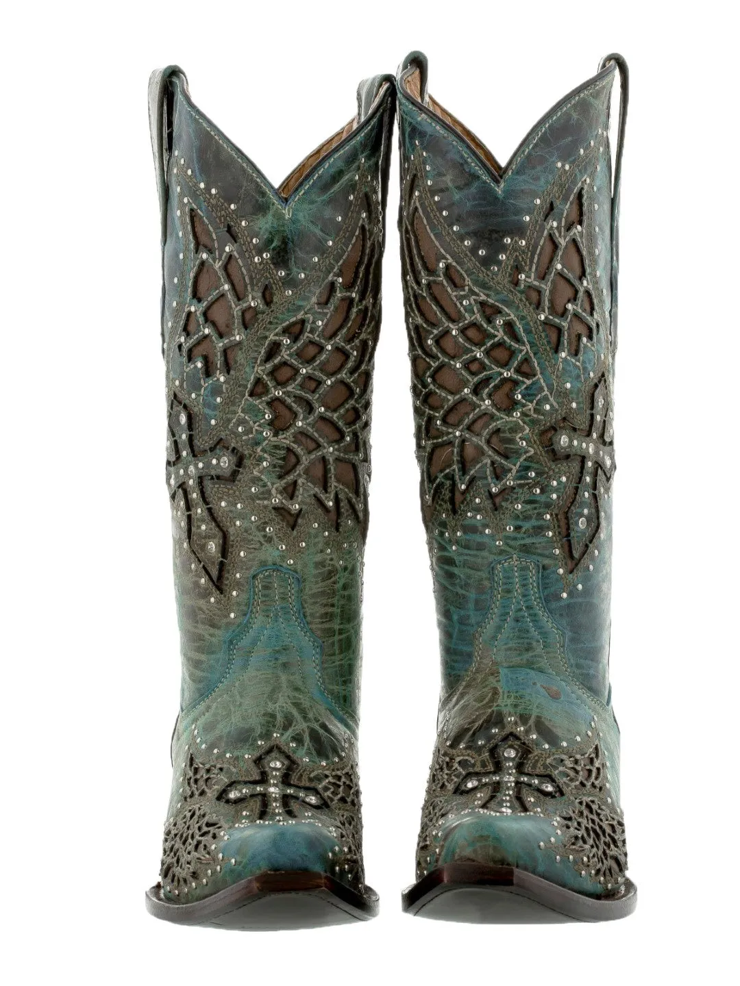 Womens Alas46 Turquoise Cross & Wings Western Cowboy Boots - Snip Toe