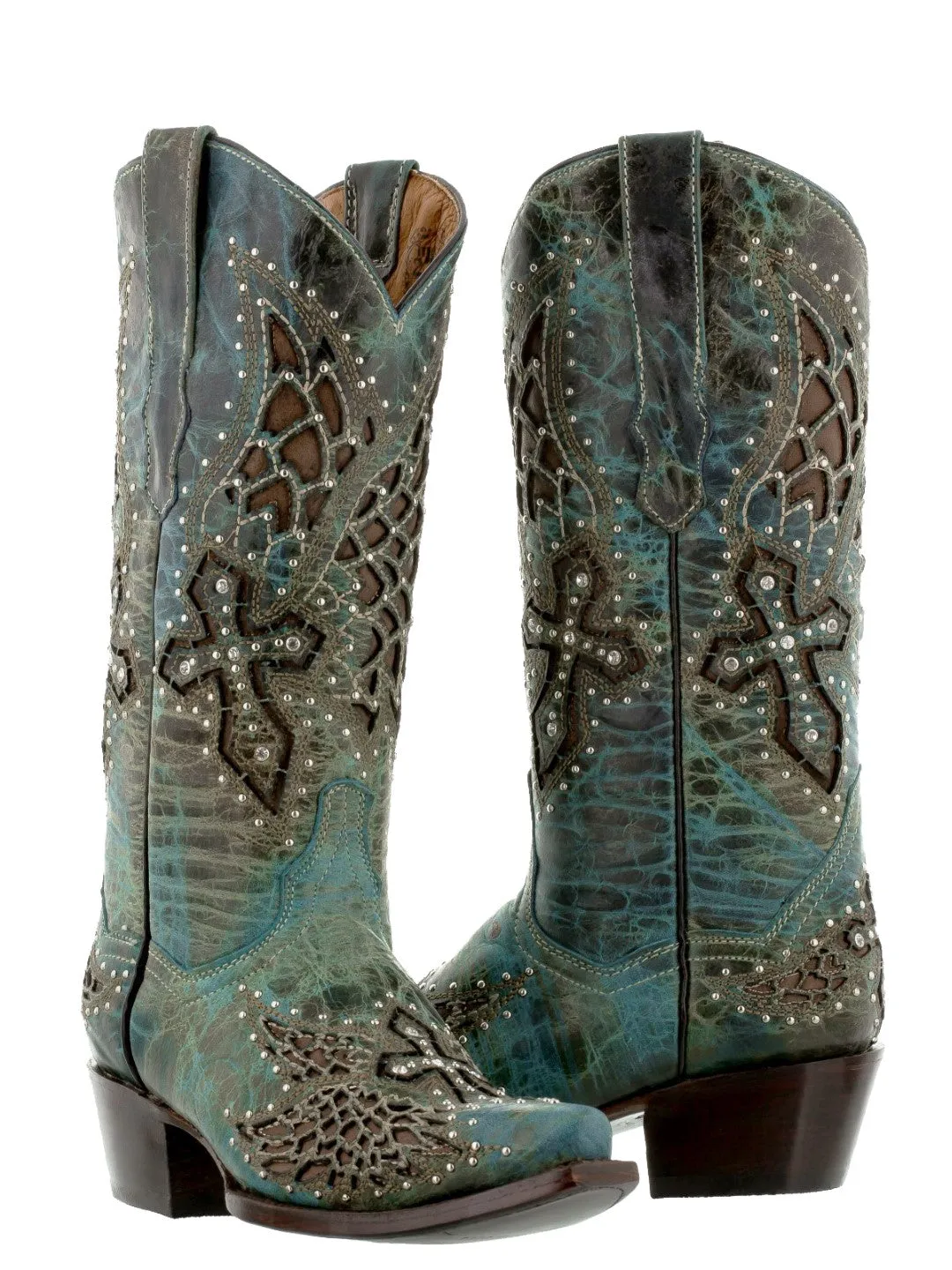 Womens Alas46 Turquoise Cross & Wings Western Cowboy Boots - Snip Toe