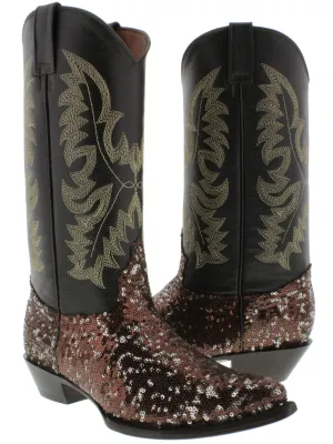 Women's Brown Sequins Western Rodeo Cowboy Boots Snip Toe