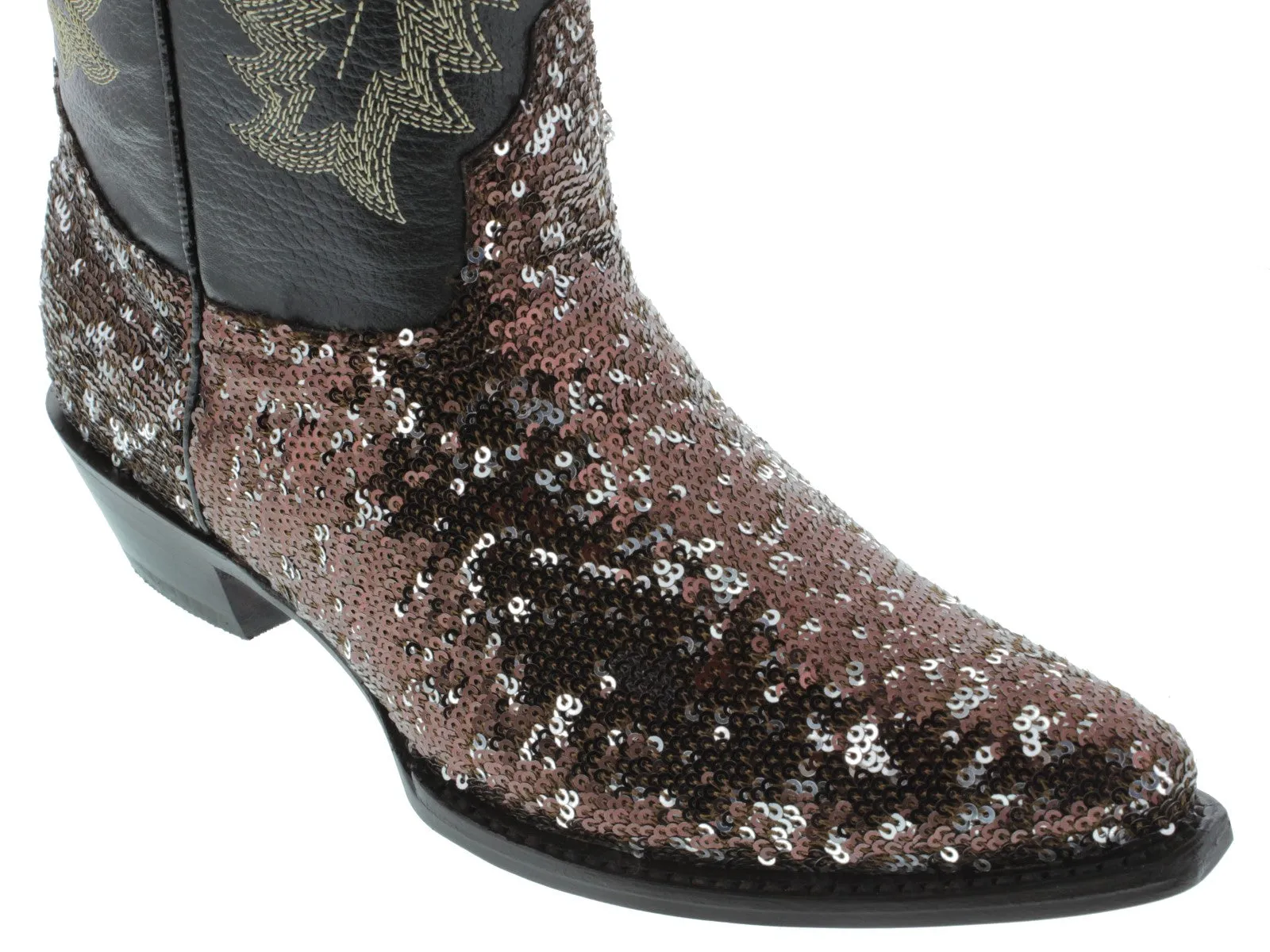 Women's Brown Sequins Western Rodeo Cowboy Boots Snip Toe