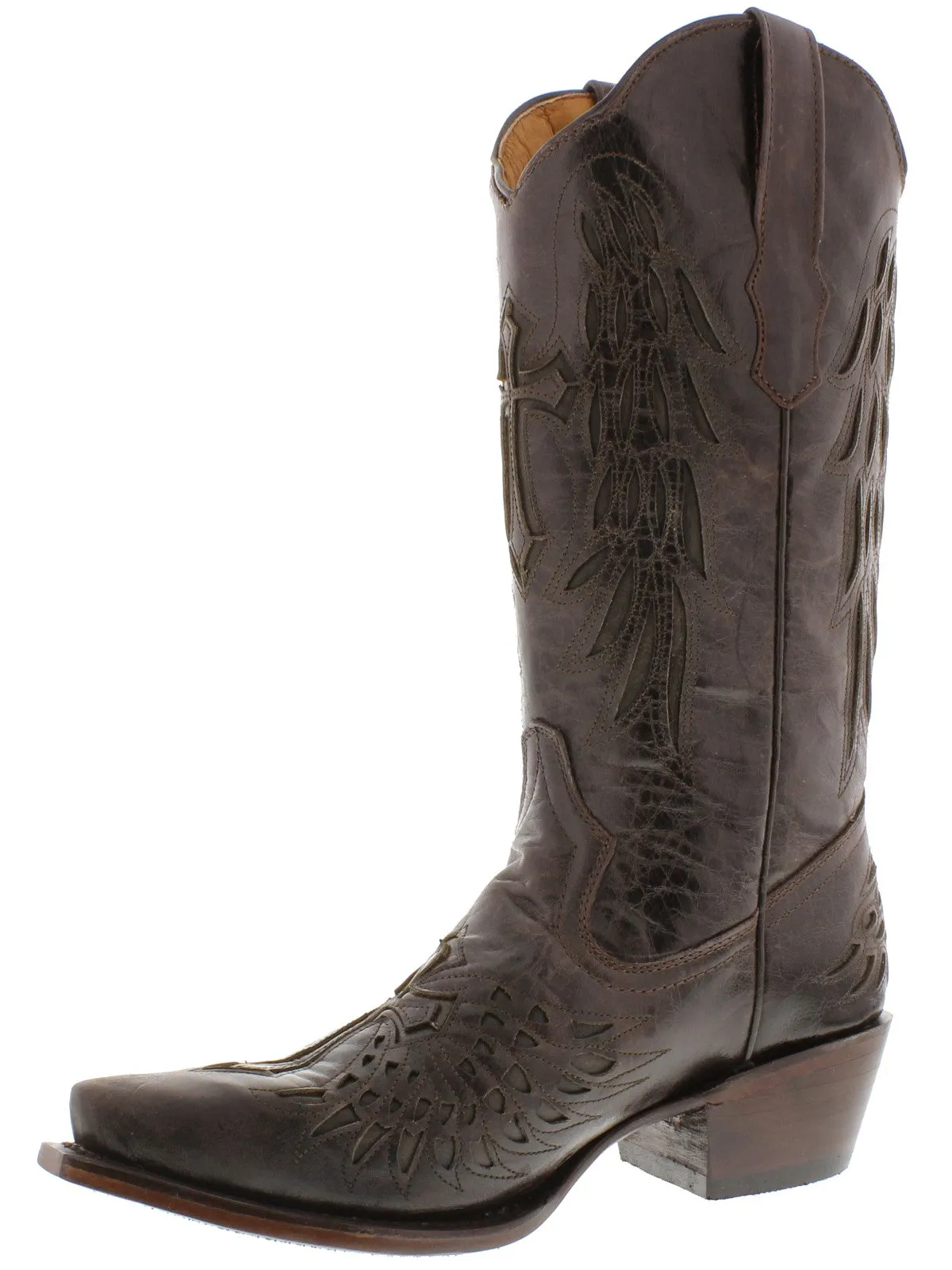 Women's Chocolate Brown Cross & Wings Leather Cowboy Boots Snip Toe - CP5