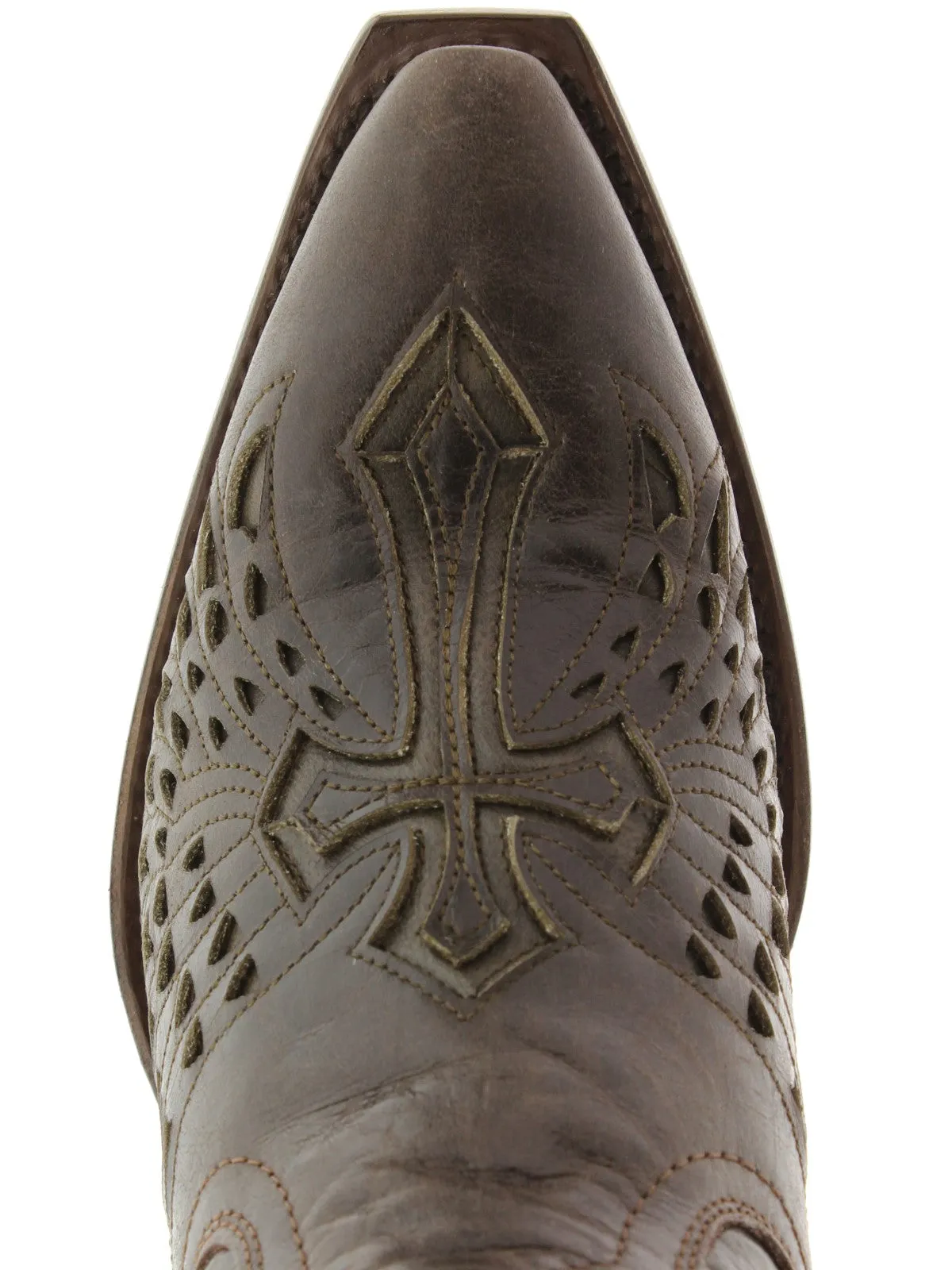 Women's Chocolate Brown Cross & Wings Leather Cowboy Boots Snip Toe - CP5