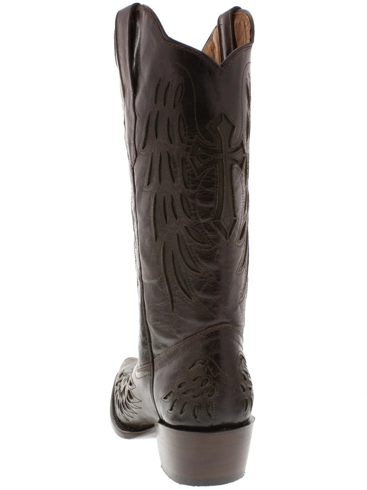Women's Chocolate Brown Cross & Wings Leather Cowboy Boots Snip Toe - CP5