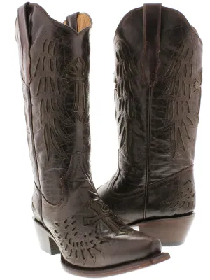 Women's Chocolate Brown Cross & Wings Leather Cowboy Boots Snip Toe - CP5