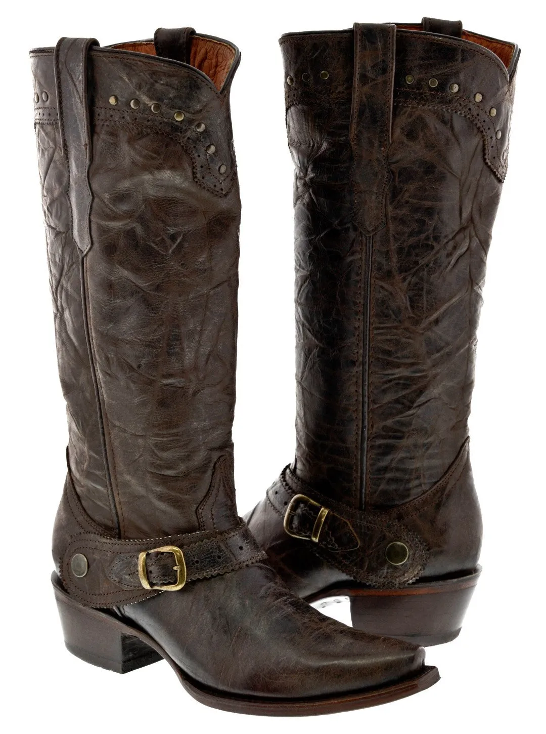 Womens Hayek Dark Brown Leather Cowboy Boots Studded - Snip Toe