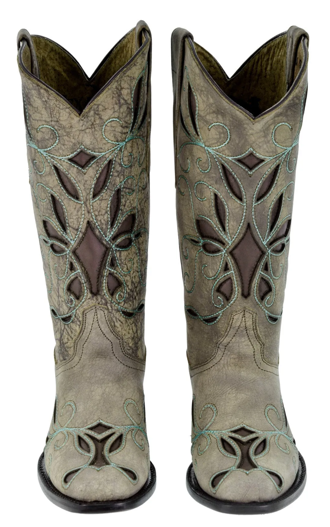 Womens Lauret Sand Cowboy Boots Floral Embroidered - Square Toe
