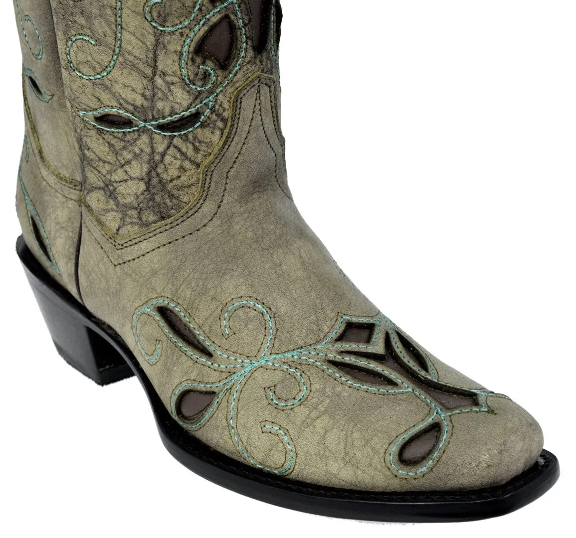 Womens Lauret Sand Cowboy Boots Floral Embroidered - Square Toe